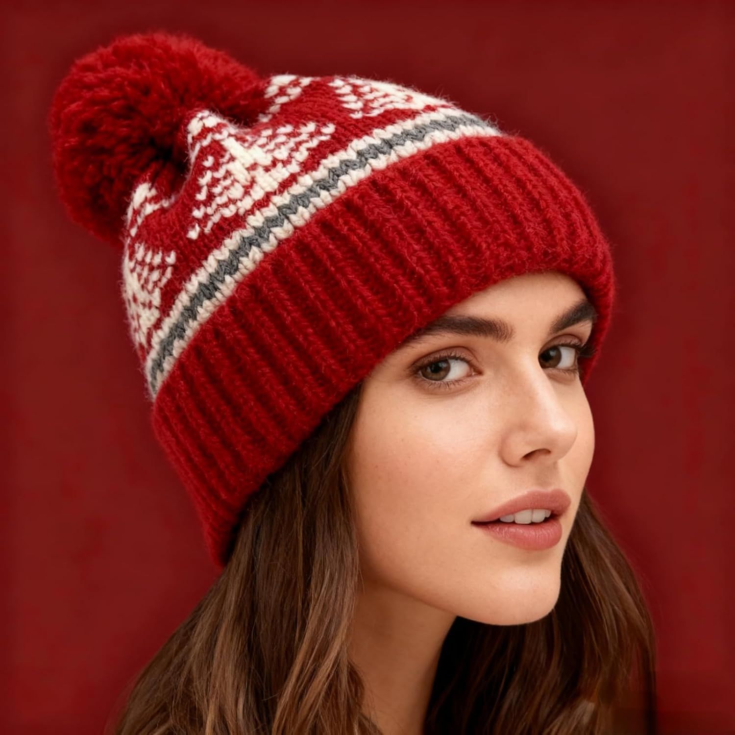 Women's Thick Classic Knit Bobble Hat for Winter Warm, Thermal Beanie with Pom Pom for Girls