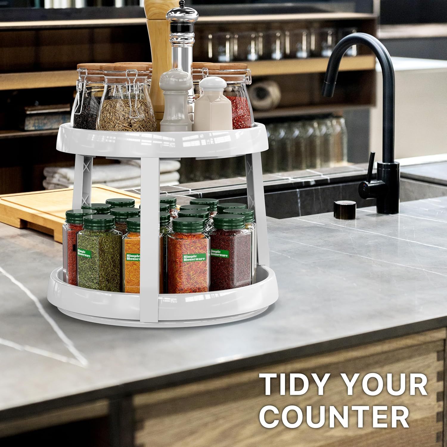 2-Tier Lazy Susan Spice Organizer, 10" Diameter, White/Gray