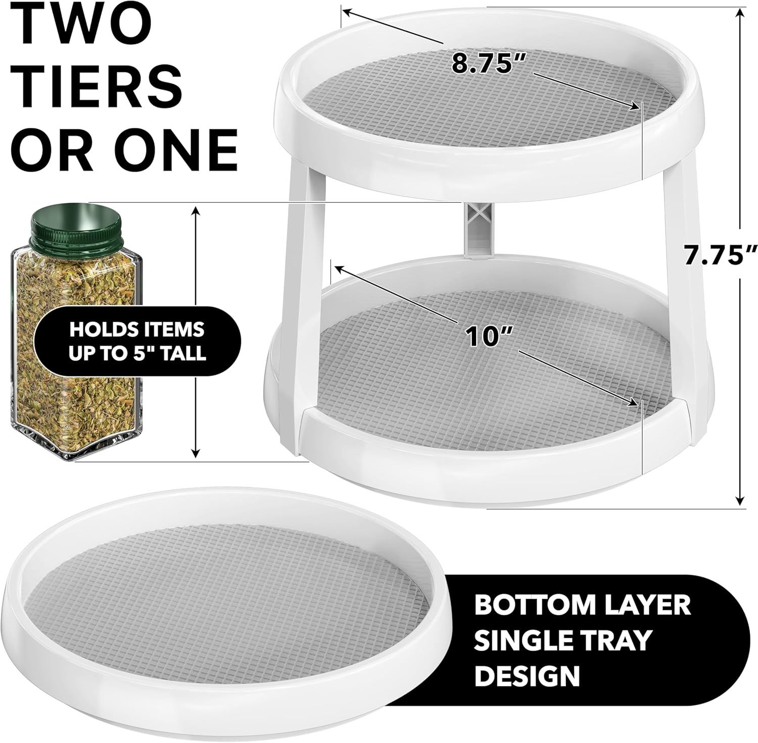 2-Tier Lazy Susan Spice Organizer, 10" Diameter, White/Gray