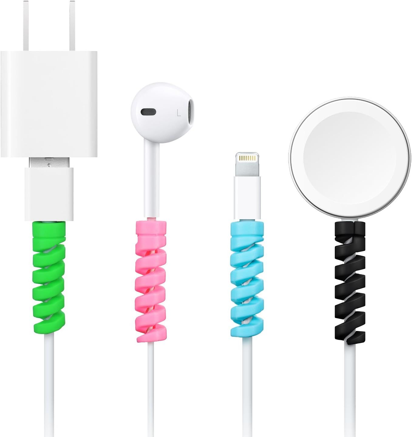 24 Pcs Charger Cable Protector,Silicone lexible Cable Saver,Spiral USB Mouse Wire Protector or Headphone Laptop Earphone Cell Phone Wrap Accessories (Black,Pink,Blue,Green)