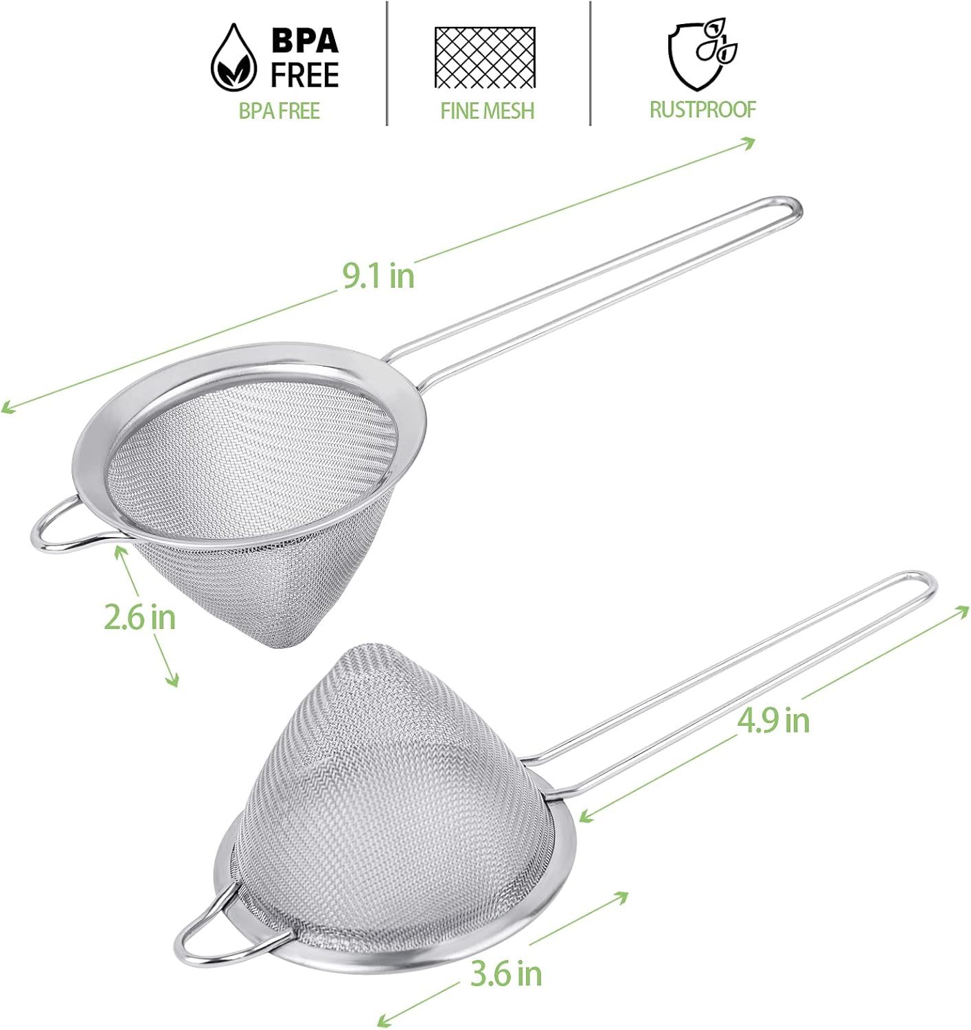 2 Pack Stainless Steel 18/8 Small ood Strainer, ine Mesh Sieve with Long Handle, Cocktail Strainer or Cocktails, Tea Herbs, Coee & Drinks, Rust Proo & Great as Tea Strainer, 3.5inch