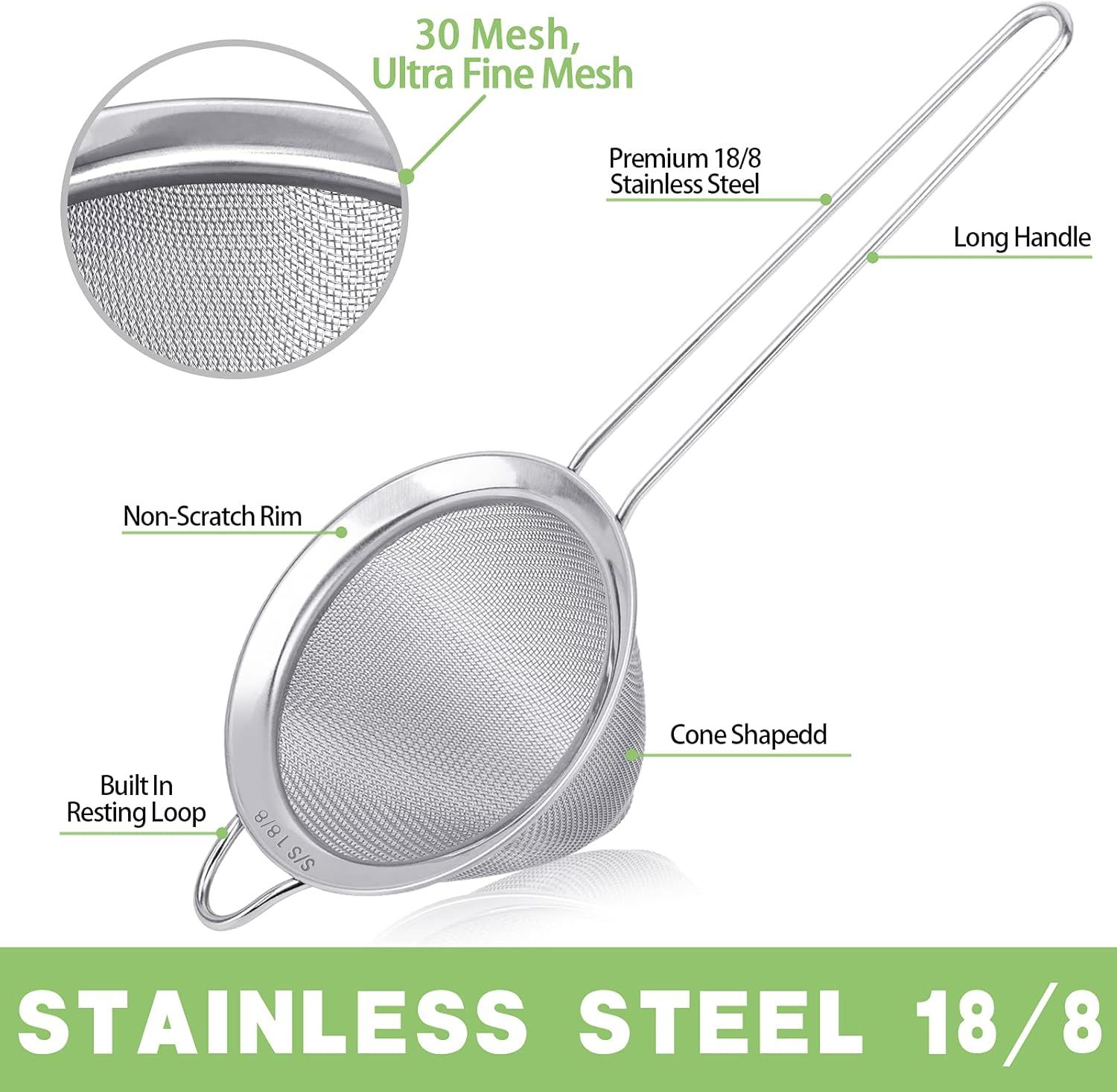 2 Pack Stainless Steel 18/8 Small ood Strainer, ine Mesh Sieve with Long Handle, Cocktail Strainer or Cocktails, Tea Herbs, Coee & Drinks, Rust Proo & Great as Tea Strainer, 3.5inch