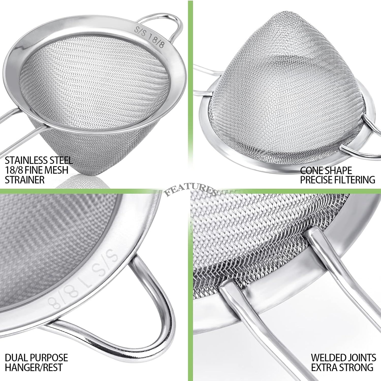 2 Pack Stainless Steel 18/8 Small ood Strainer, ine Mesh Sieve with Long Handle, Cocktail Strainer or Cocktails, Tea Herbs, Coee & Drinks, Rust Proo & Great as Tea Strainer, 3.5inch