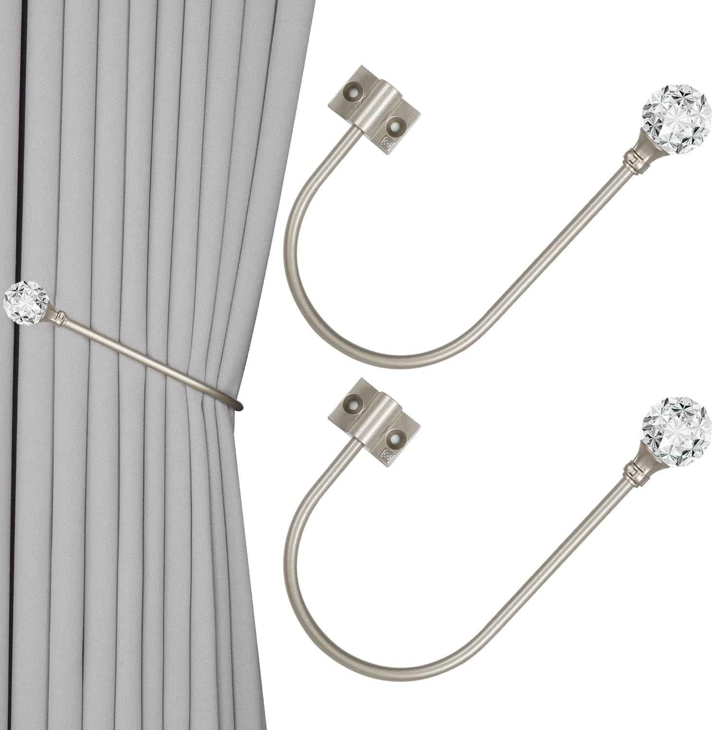 Upgraded Curtain Tiebacks Set o 2 - Wall Mounted Heavy Duty Adjustable Curtain Holdbacks or Heavy Curtains,U-Shaped Curtain Pull Backs with 180°lexible Angle (2, Silver with Crystal Ball)