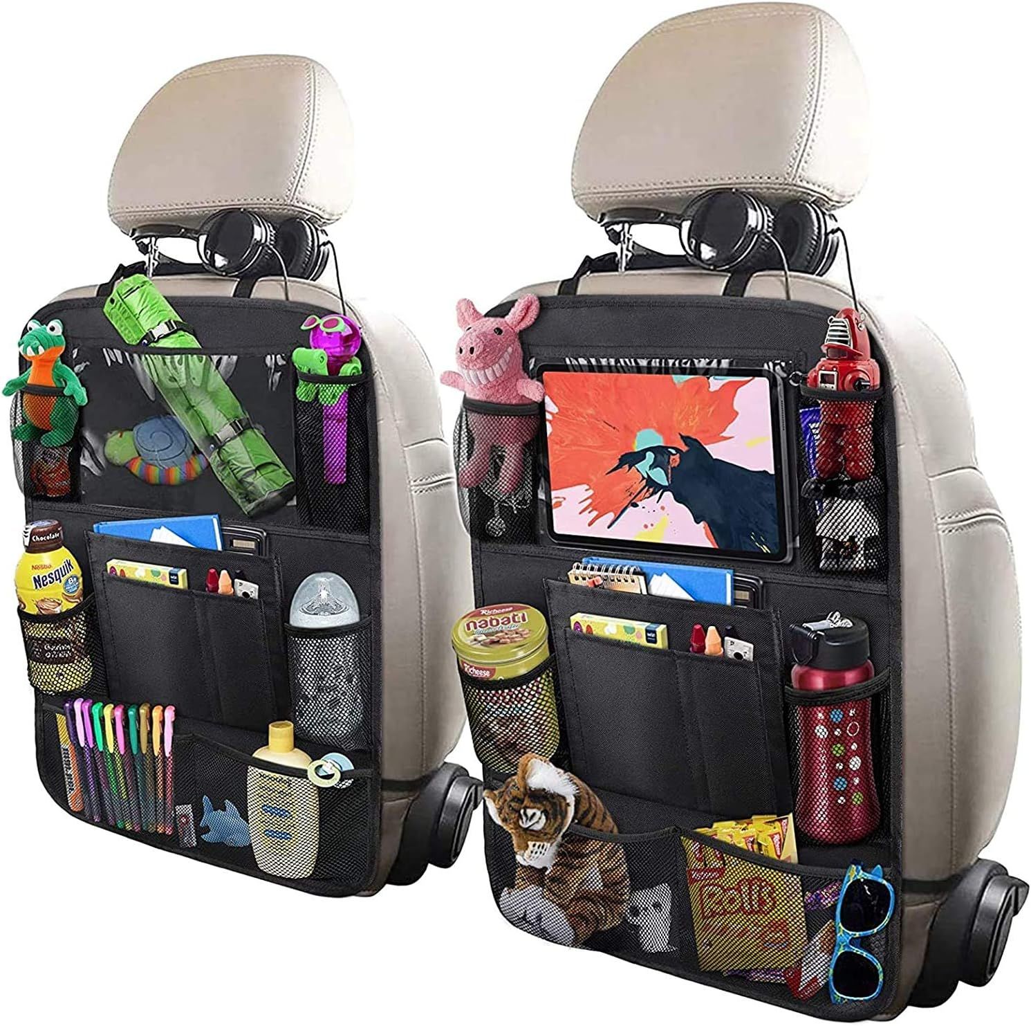 Car Backseat Organizer with 10" Table Holder, 9 Storage Pockets Seat Back Protectors Kick Mats or Kids Toddlers, Travel Accessories, 2 Pack