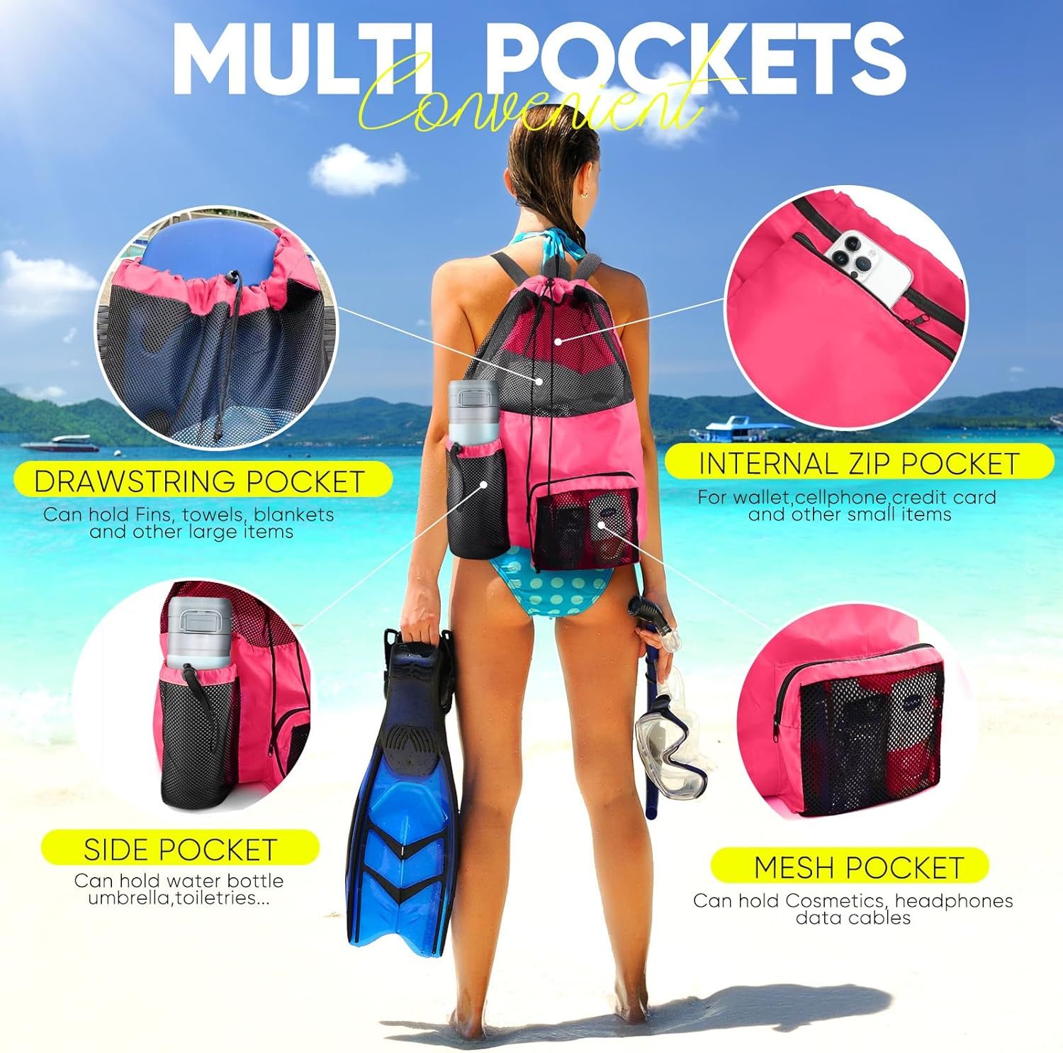 Mesh Swim Bag Beach Drawstring Backpack, Waterproo Gym Bags or Women and Men, Large Pool Bag Swimming Gear or Swimmers