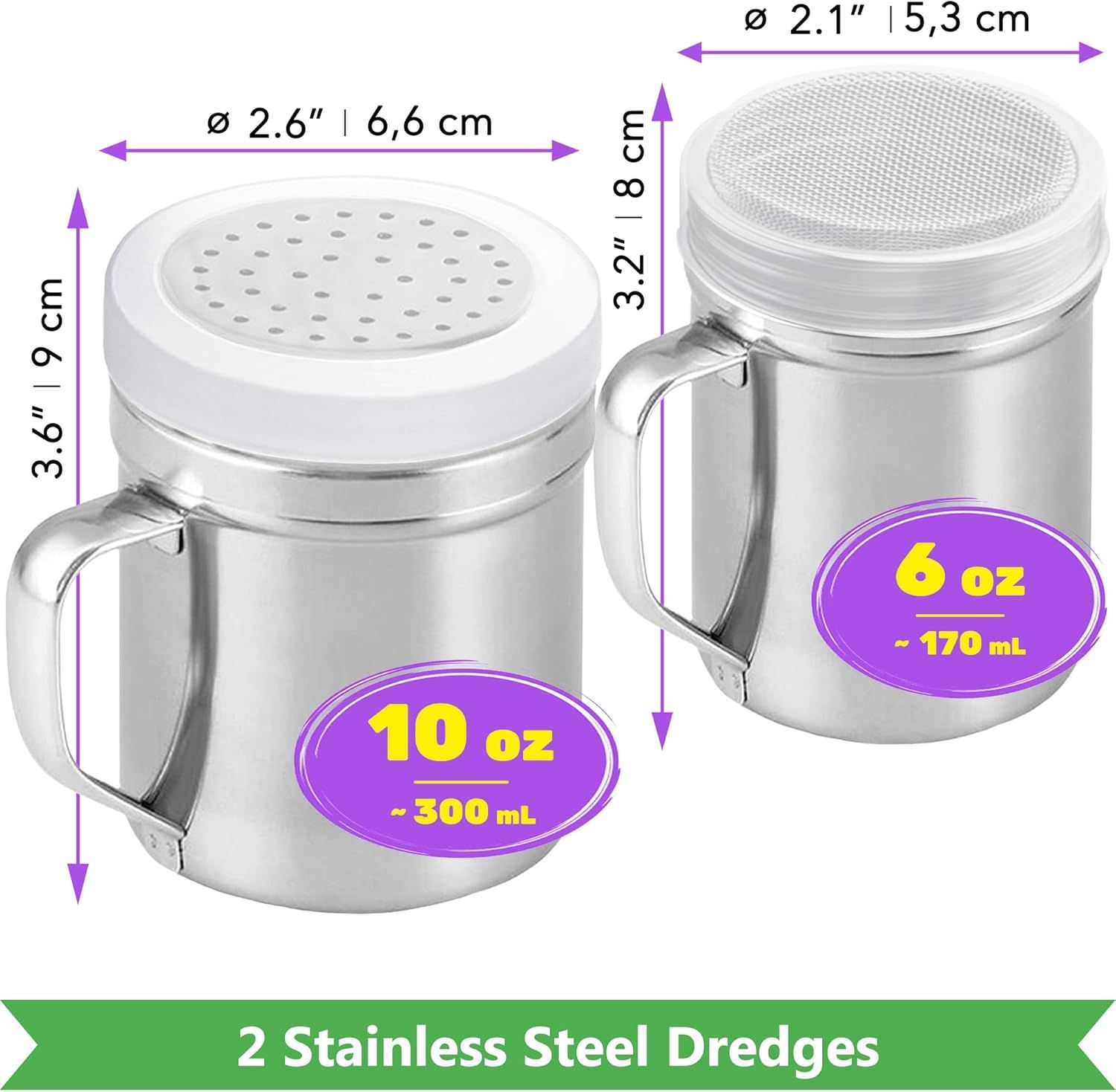 6 oz Powdered Sugar Shaker + 10 oz Salt Pepper Dredge + [2-pcs] Metal Parmesan Cheese Shakers (Large Holes) - All with Plastic Caps and Handles Bundle