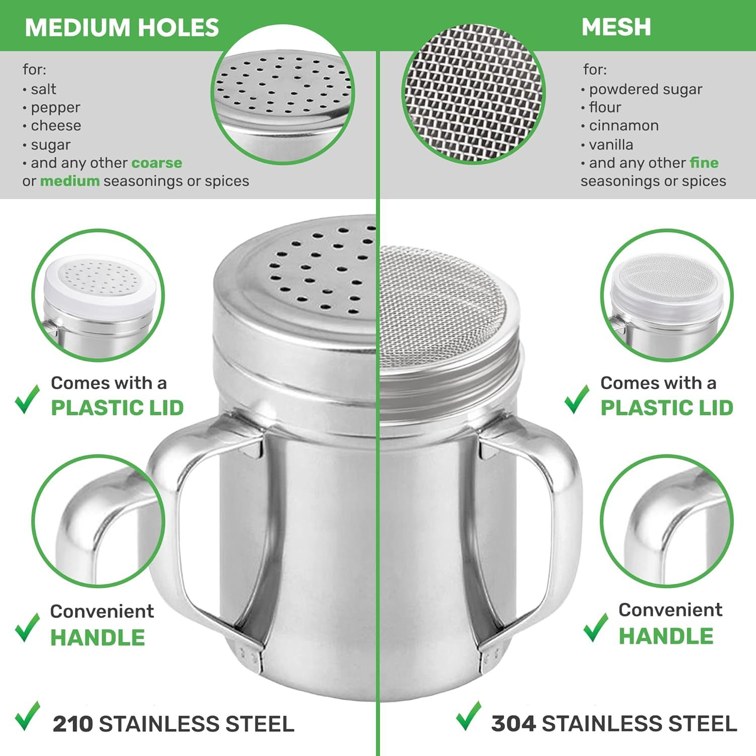 6 oz Powdered Sugar Shaker + 10 oz Salt Pepper Dredge + [2-pcs] Metal Parmesan Cheese Shakers (Large Holes) - All with Plastic Caps and Handles Bundle