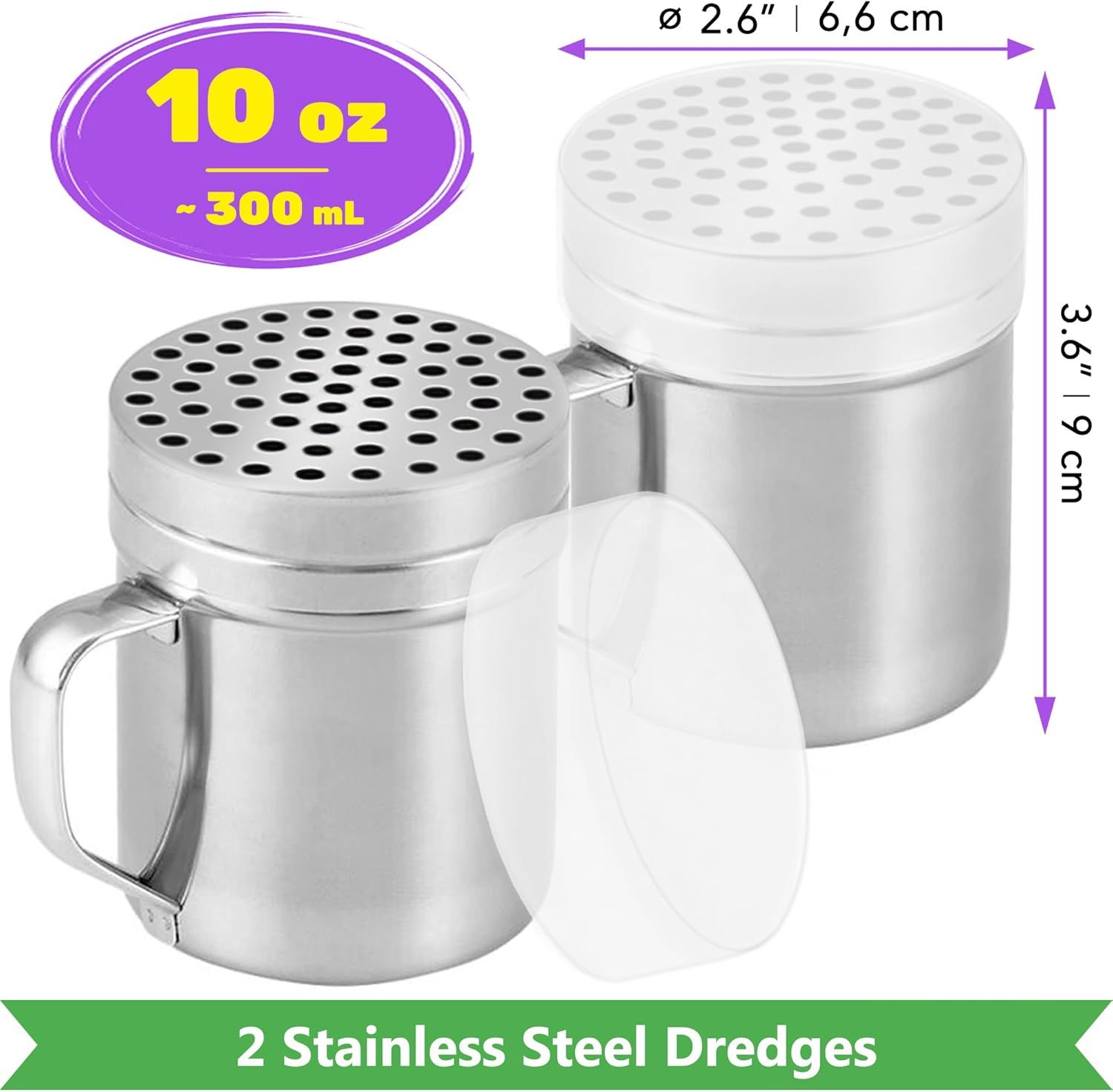 6 oz Powdered Sugar Shaker + 10 oz Salt Pepper Dredge + [2-pcs] Metal Parmesan Cheese Shakers (Large Holes) - All with Plastic Caps and Handles Bundle