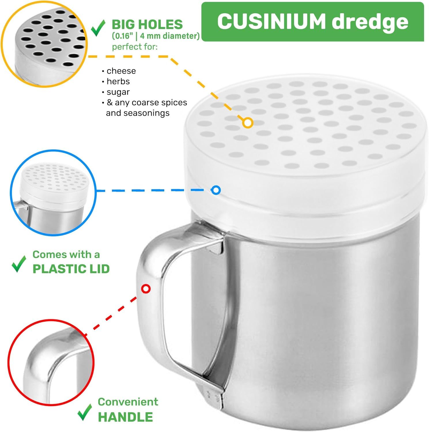 6 oz Powdered Sugar Shaker + 10 oz Salt Pepper Dredge + [2-pcs] Metal Parmesan Cheese Shakers (Large Holes) - All with Plastic Caps and Handles Bundle