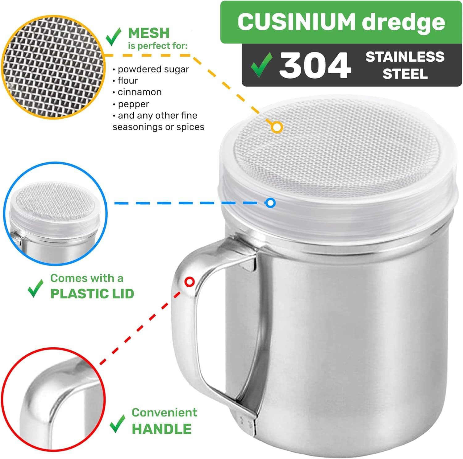 10 oz Stainless Steel Salt Pepper Dredge Shakers 6 Piece Powdered Sugar Shakers 2 Piece with Plastic Caps and Handles