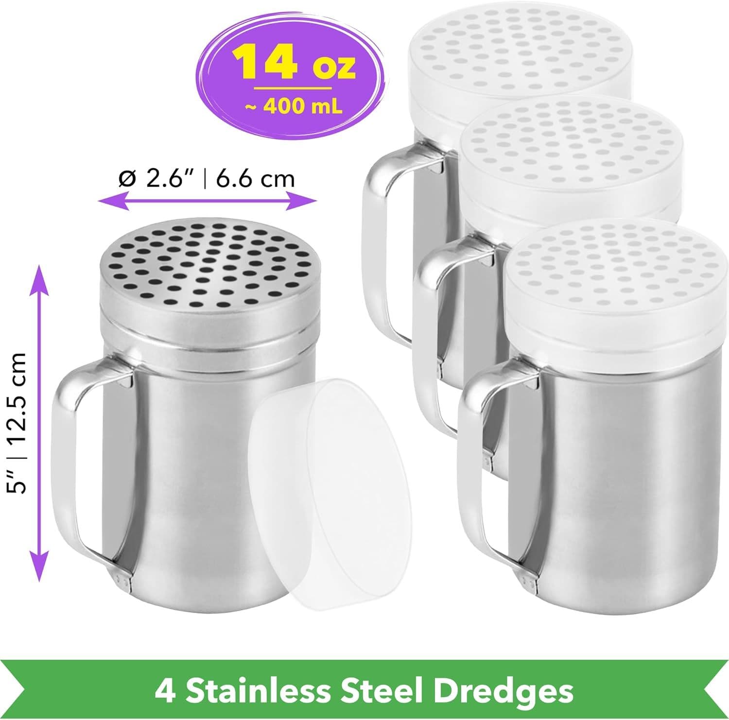 14 oz Metal Parmesan Cheese Shakers Large Holes 4 Piece with 10 oz Stainless Steel Salt Pepper Dredge Shaker Plastic Caps Handles
