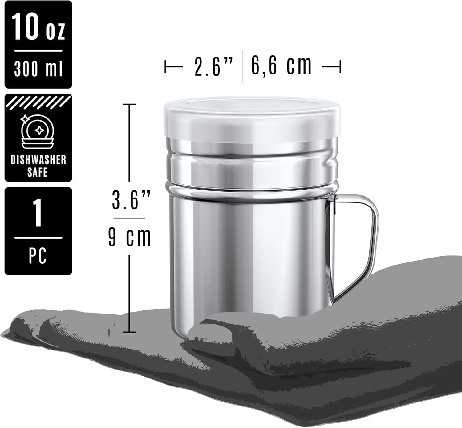 14 oz Metal Parmesan Cheese Shakers Large Holes 4 Piece with 10 oz Stainless Steel Salt Pepper Dredge Shaker Plastic Caps Handles