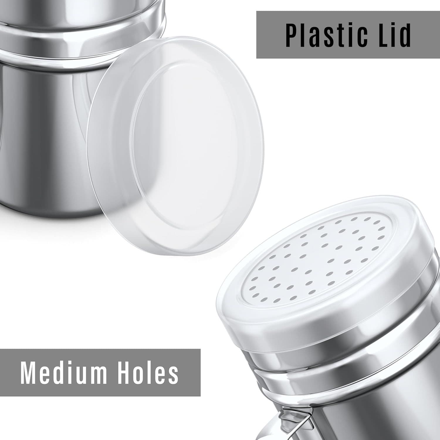 14 oz Metal Parmesan Cheese Shakers Large Holes 4 Piece with 10 oz Stainless Steel Salt Pepper Dredge Shaker Plastic Caps Handles
