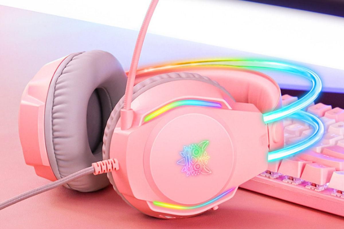 Gaming Headset with Mic Over Ear Headphone Lightweight Headphones with RGB Frame Gaming Headphones -Pink