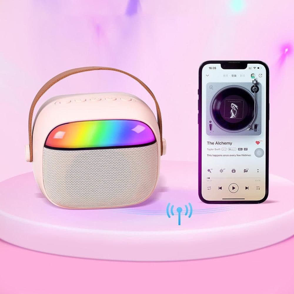 Mini Karaoke Machine with 2 Wireless Microphones Portable Bluetooth Speaker Singing Machine Pink