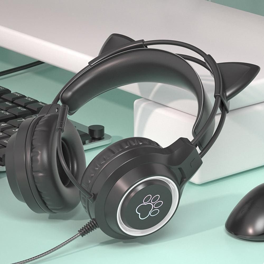 RGB Lighting Gaming Headset Cat Ear Headphone with Microphone Black