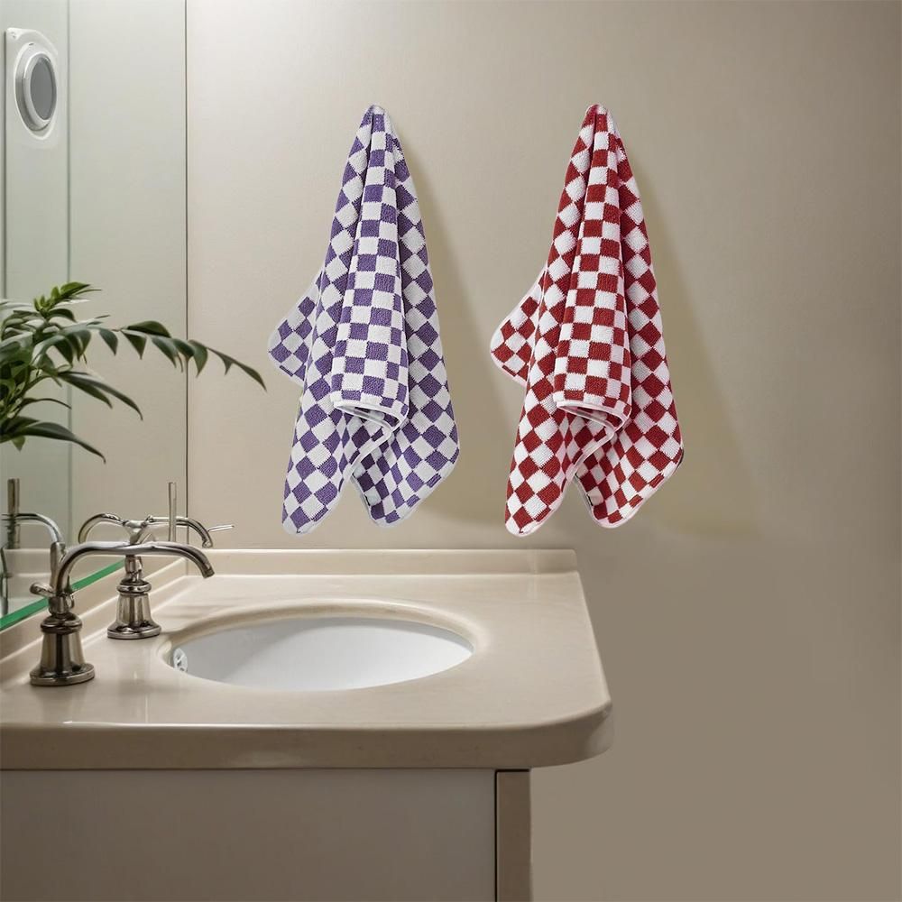 4 Piece Checkered Coral Fleece Towel Set Bath Face Towels - Yellow & Purple & Red & Blue