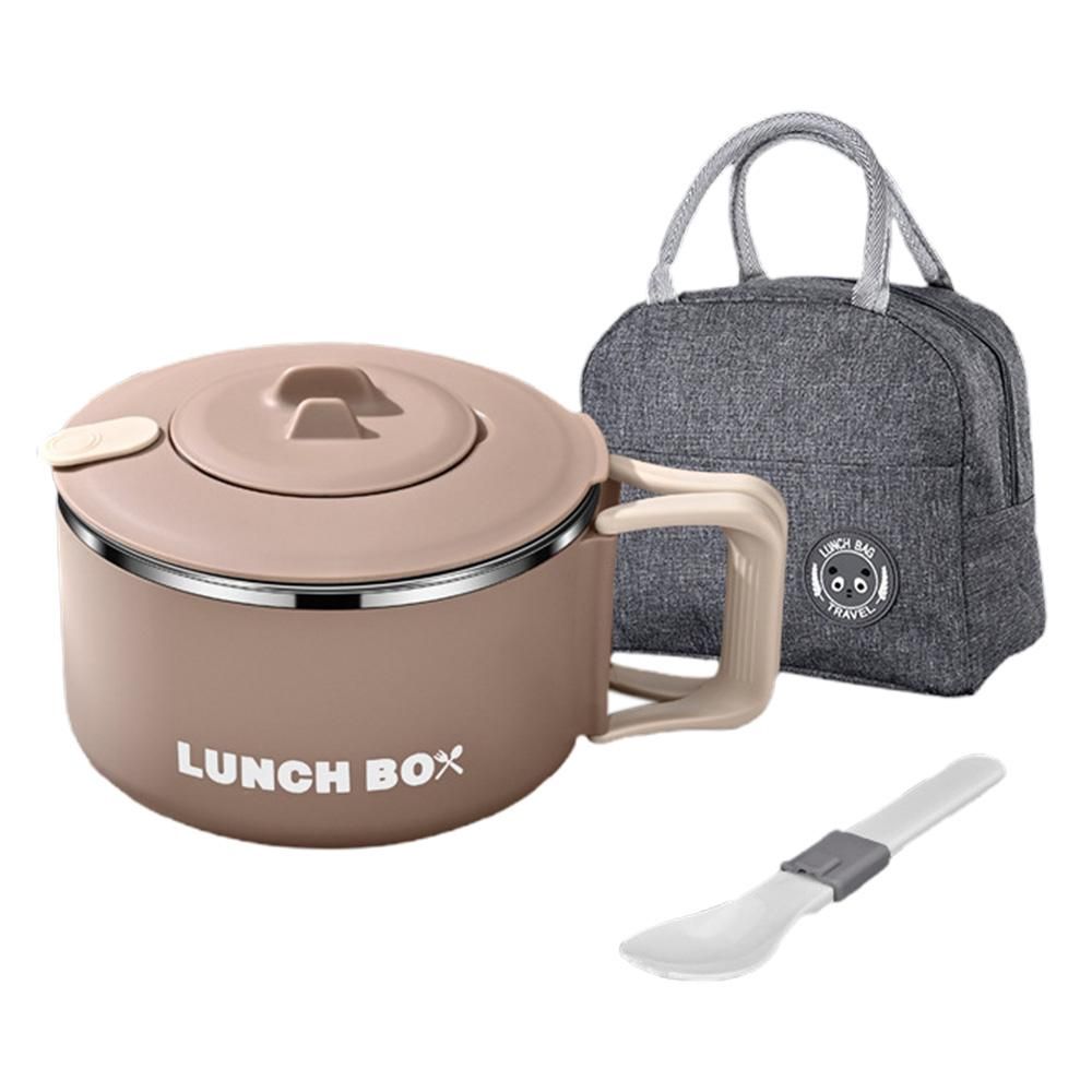 1200ML Large Ramen Bow with Lid Spoon Storage Bag Stainless Steel Food Container for Microwave - Brown