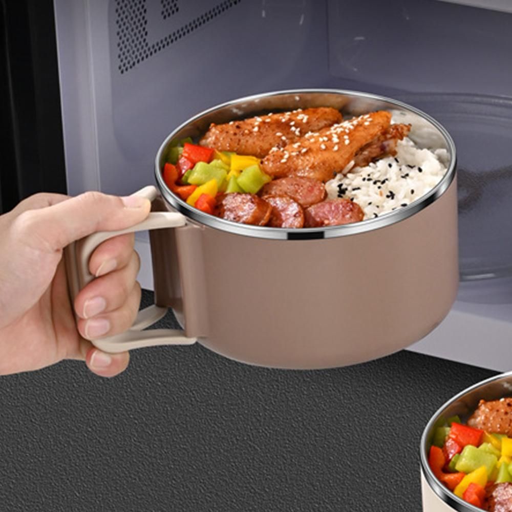 1200ML Large Ramen Bow with Lid Spoon Storage Bag Stainless Steel Food Container for Microwave - Brown