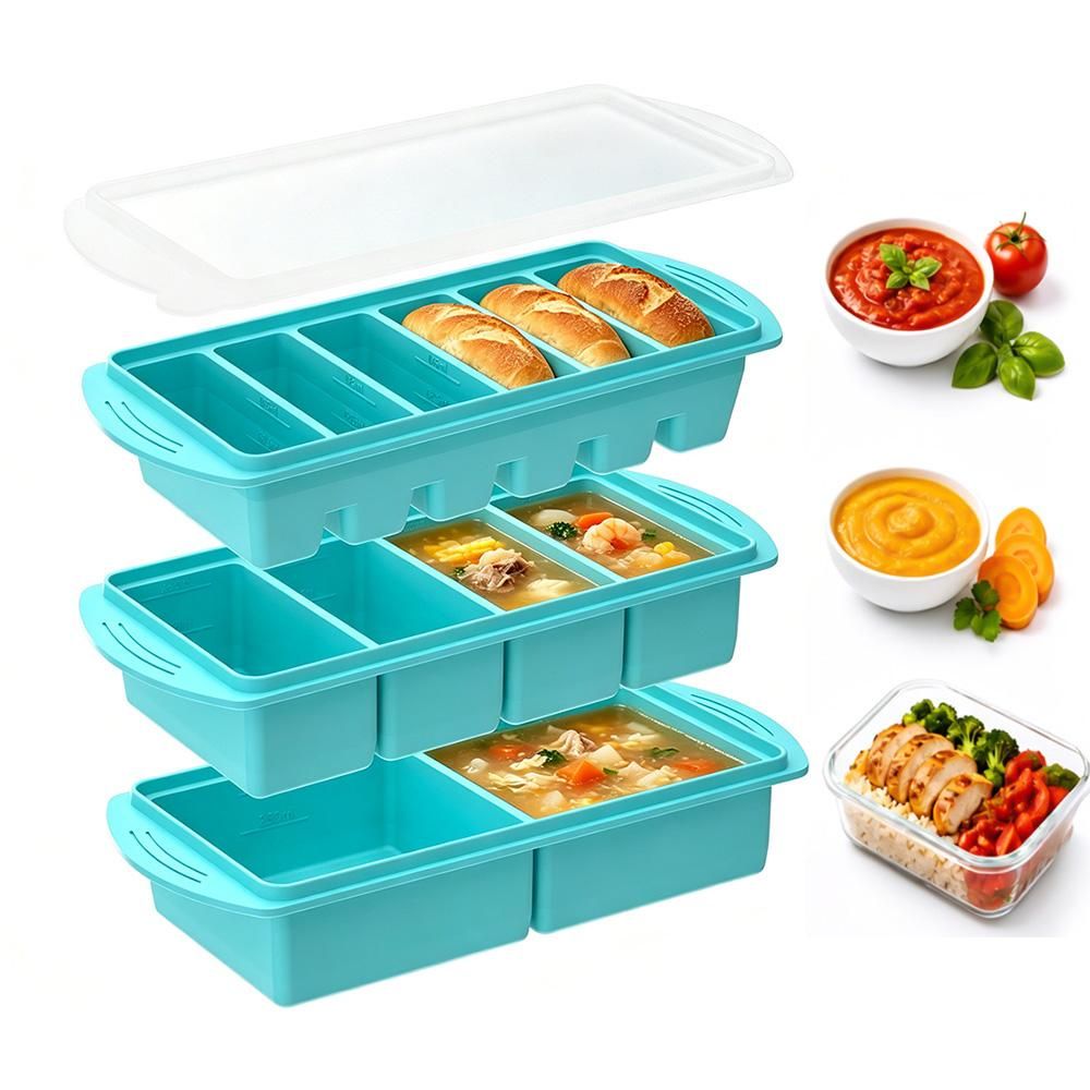 3 Pack Silicone Freezer Trays with Lids for Soup Sauce Meal Prep Storage - Lake Blue