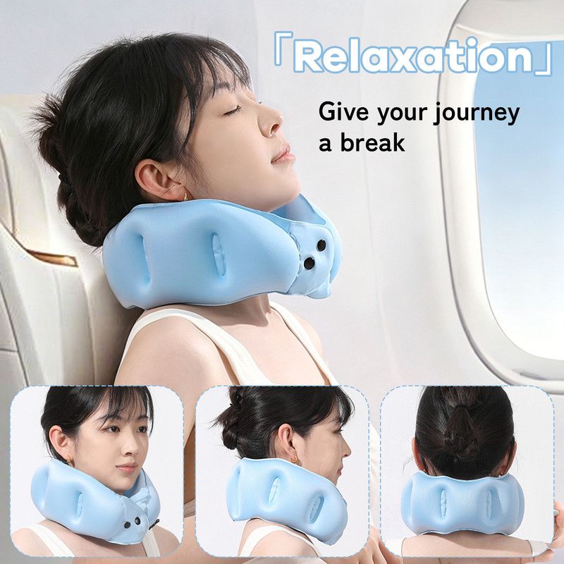 Portable Inflatable Travel Neck Pillow, Nap Pillow, Comfortable Neck Support for Long Trips, Easy to Pack for Business Trips and Travel, Foldable and Slim Travel Pillow - Blue