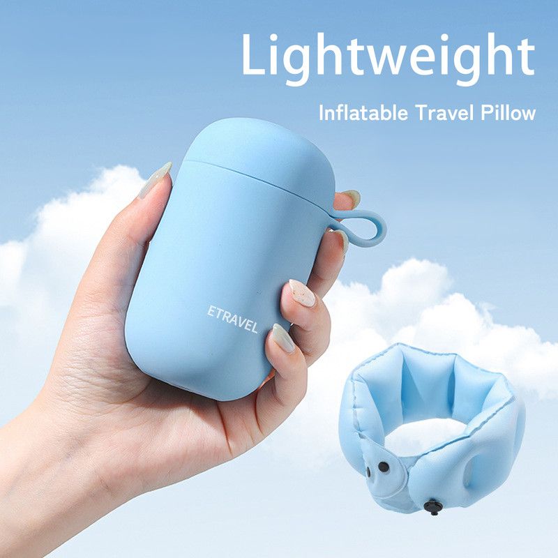 Portable Inflatable Travel Neck Pillow, Nap Pillow, Comfortable Neck Support for Long Trips, Easy to Pack for Business Trips and Travel, Foldable and Slim Travel Pillow - Blue