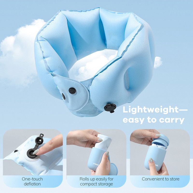 Portable Inflatable Travel Neck Pillow, Nap Pillow, Comfortable Neck Support for Long Trips, Easy to Pack for Business Trips and Travel, Foldable and Slim Travel Pillow - Blue