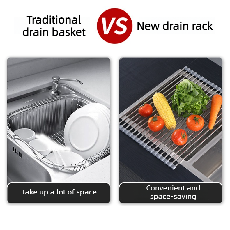 Roll Up Stainless Steel Sink Drying Rack, 47×35cm Multi-purpose Kitchen Sink Drain Mat with Non-slip TPE Edge for Fruits, Dishes