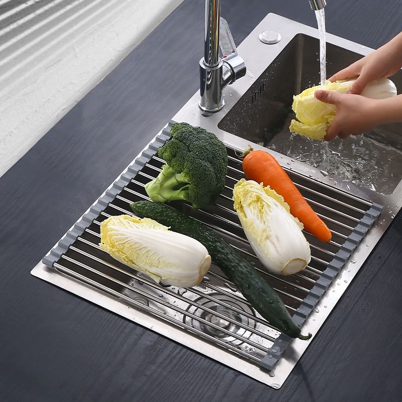 Roll Up Stainless Steel Sink Drying Rack, 47×35cm Multi-purpose Kitchen Sink Drain Mat with Non-slip TPE Edge for Fruits, Dishes