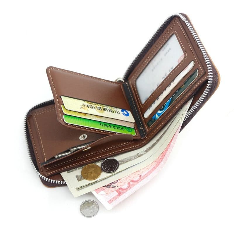 Vintage Matte PU Leather Zip-Around Bifold Wallet for Men, Multi-Card Slot Coin Purse with ID Window, Casual Short Billfold Purse (Brown)