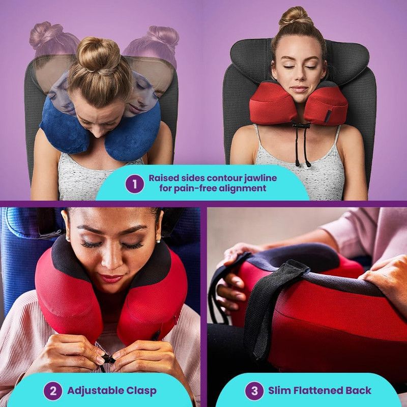 Memory Foam U-Shaped Neck Pillow, Adjustable with Strap & Storage Bag for Travel, Airplane, Car, Office, and Theater Use – Black