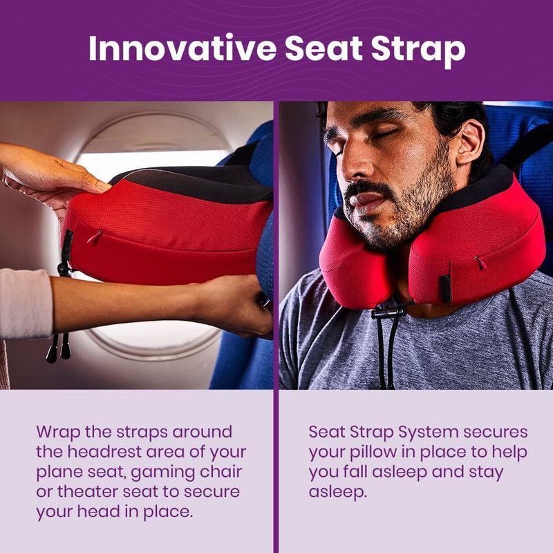 Memory Foam U-Shaped Neck Pillow, Adjustable with Strap & Storage Bag for Travel, Airplane, Car, Office, and Theater Use – Black