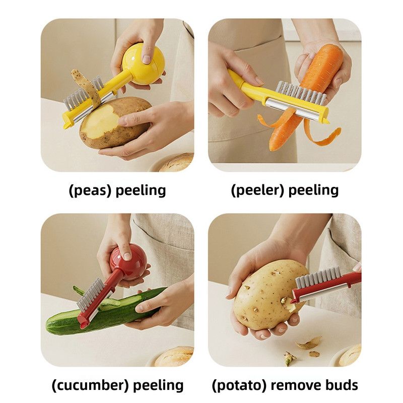 3-in-1 Tumbler Vegetable Peeler, Multi-Function Peeler, Bud Remover, and Cleaner for Fruits and Vegetables - Red