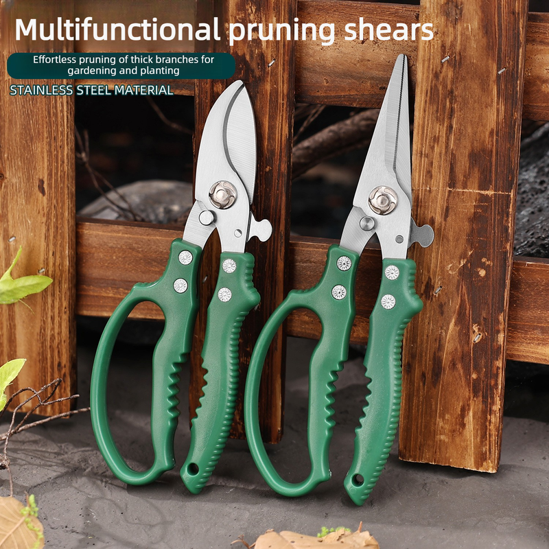 2-Pack Gardening Pruning Shears Set, 30Cr13 Stainless Steel Straight & Curved Shears with Non-Slip Handles for Gardens, Orchards, and Flower Arrangements—Green