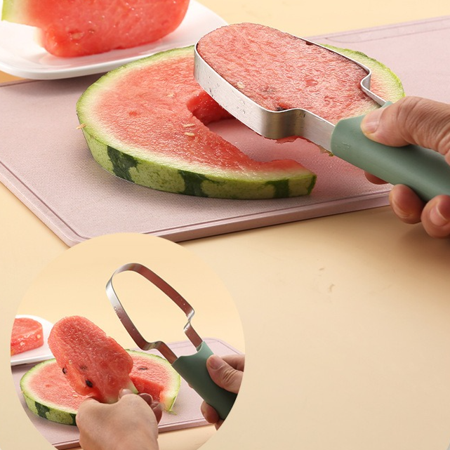 3-in-1 Stainless Steel Watermelon Cutter Set, Multi-Function Melon Slicer, Scoop, and Fork Kitchen Tool—Blue