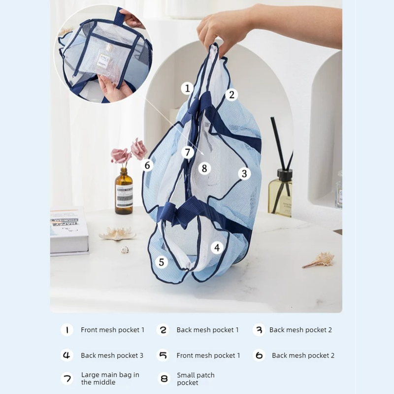 Multi-Pocket Mesh Beach Swim Bag, Dry/Wet Separation, Large Capacity Gym Tote with Bonus Mini Round Mesh Pouch - Blue