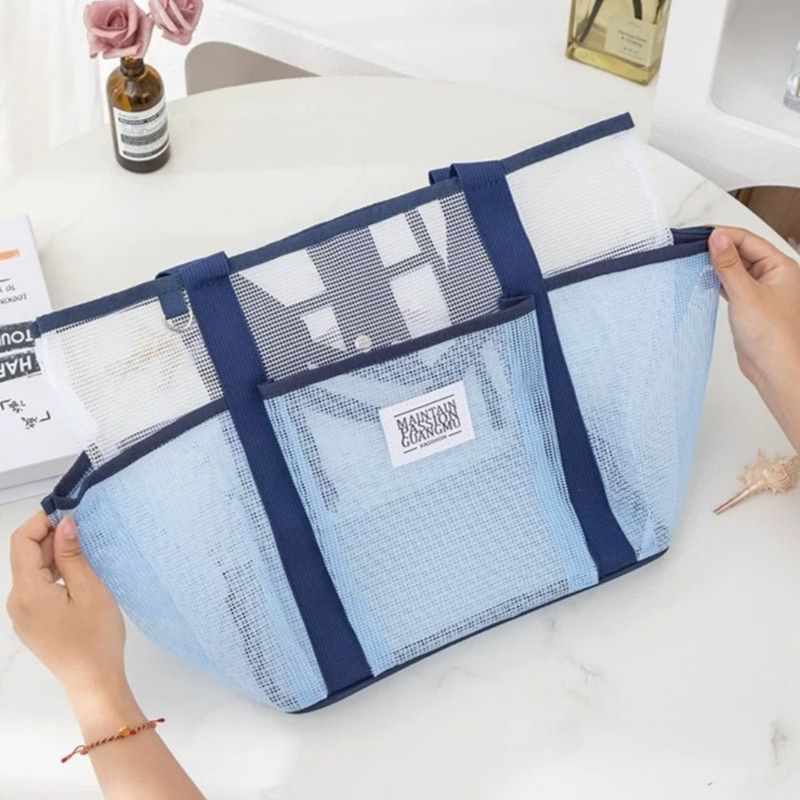 Multi-Pocket Mesh Beach Swim Bag, Dry/Wet Separation, Large Capacity Gym Tote with Bonus Mini Round Mesh Pouch - Blue