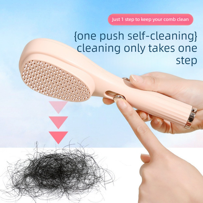 One-Click Self-Clean Retractable Massage Air Cushion Comb, Anti-Static Detangling Hair Brush for Scalp Care & Lifting—Beige