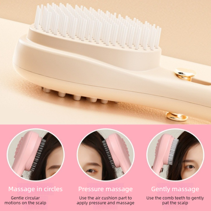 One-Click Self-Clean Retractable Massage Air Cushion Comb, Anti-Static Detangling Hair Brush for Scalp Care & Lifting—Beige