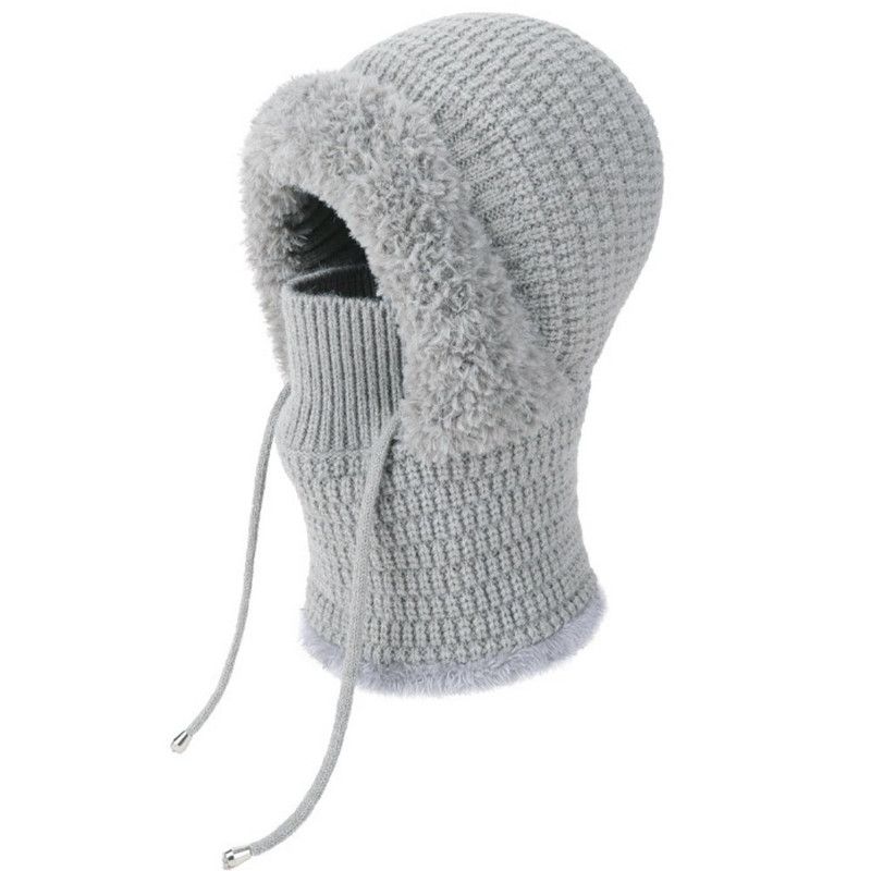 Fleece Ear Protection Integrated Knit Hat, Women's Windproof Balaclava Hat with Face Mask & Neck Warmer—Gray