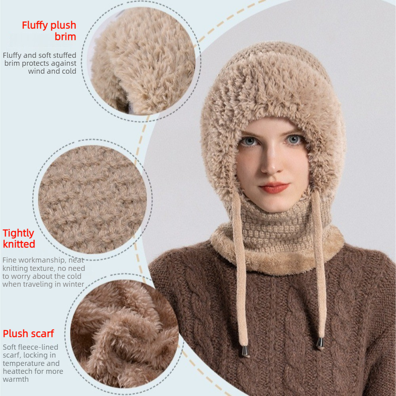 Fleece Ear Protection Integrated Knit Hat, Women's Windproof Balaclava Hat with Face Mask & Neck Warmer—Gray
