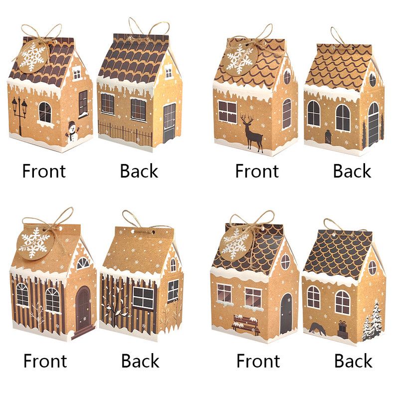 Plain Kraft Christmas House Gift Boxes, 4 Designs Gingerbread House Treat Boxes 24 Pcs Set