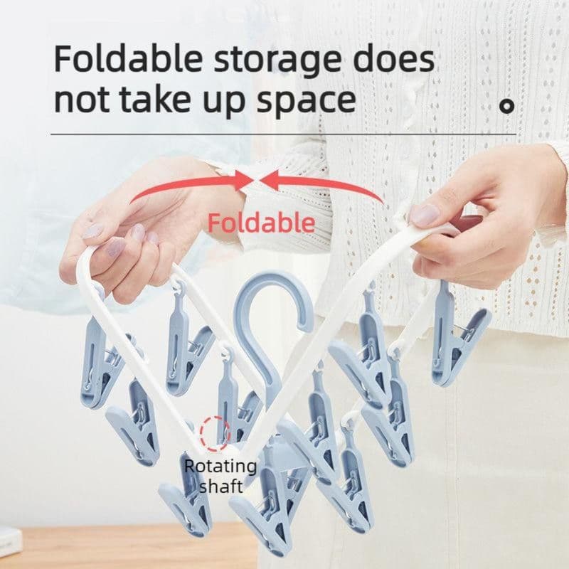 Folding Clothes Hanger with 8 Clips, Detachable Sock Drying Rack, Hanger for Home, Dorm, and Balcony - Blue