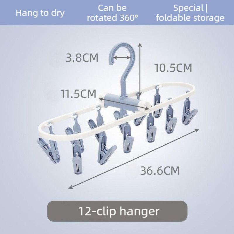 Folding Clothes Hanger with 12 Clips, Foldable Multi-clip Hanger, Underwear and Socks Drying Rack—Blue
