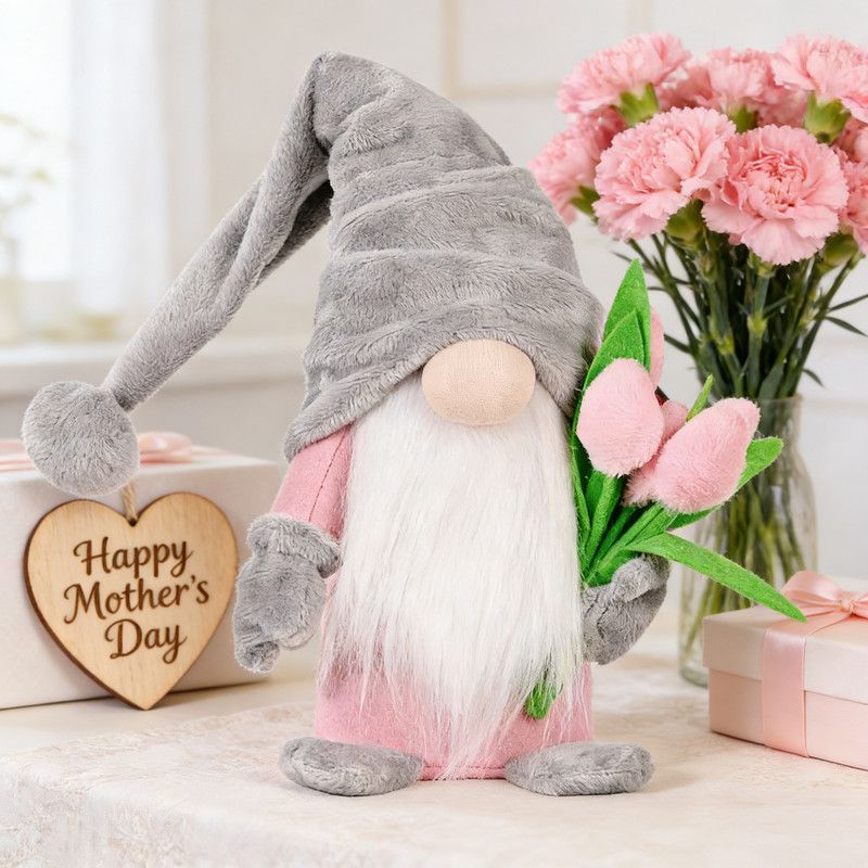 1pc Plush standing gnome doll — faceless old man figurine, festive tabletop ornament and gift.Gray faceless old man gnome holding a bouquet