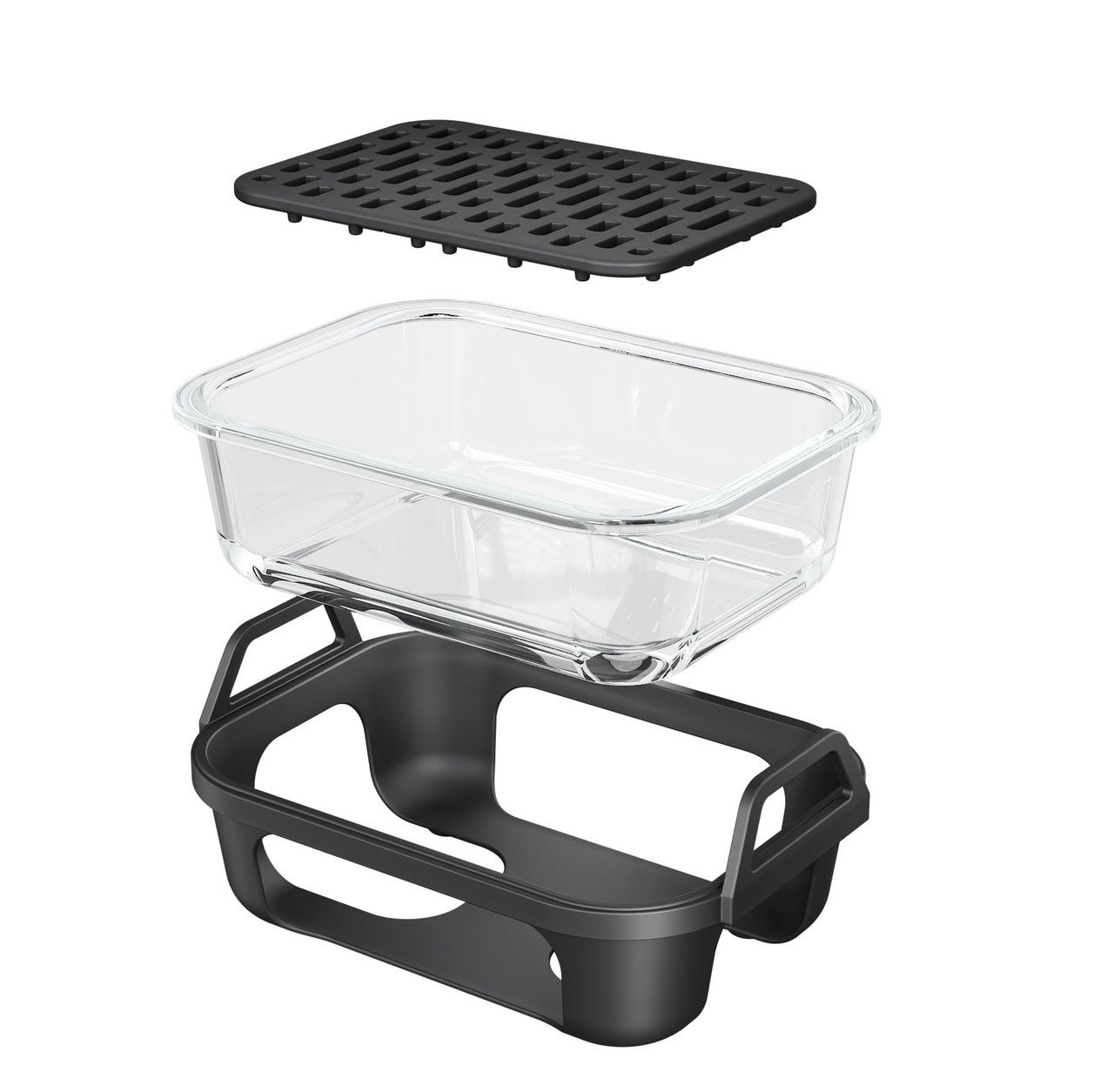 Air Fryer Glass Baking Tray Insert with Drain Rack & Support Frame, Heat Resistant Food Safe Cooking Container-Black