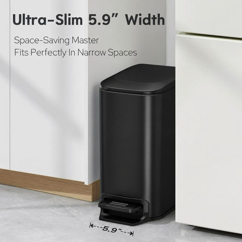 Slim Bathroom Trash Can with Lid Soft Close, Step Pedal, 6 Liter / 1.6 Gallon Stainless Steel Garbage Can with Removable Inner Bucket, Anti-Fingerprint Finish (Matte Black)