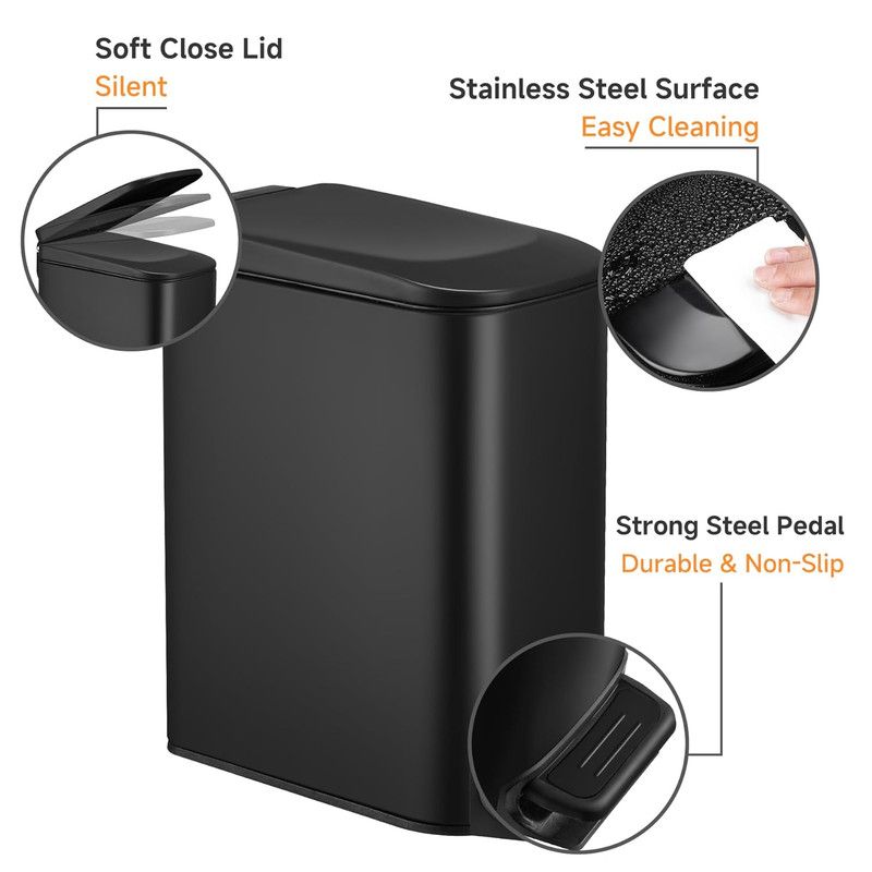 Slim Bathroom Trash Can with Lid Soft Close, Step Pedal, 6 Liter / 1.6 Gallon Stainless Steel Garbage Can with Removable Inner Bucket, Anti-Fingerprint Finish (Matte Black)