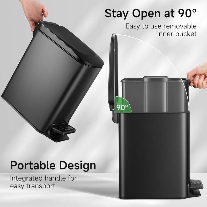 Slim Bathroom Trash Can with Lid Soft Close, Step Pedal, 6 Liter / 1.6 Gallon Stainless Steel Garbage Can with Removable Inner Bucket, Anti-Fingerprint Finish (Matte Black)